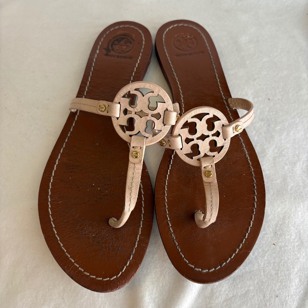 Tory Burch Miller Thong Sandals Blush Pink Leather Logo Medallion Flats